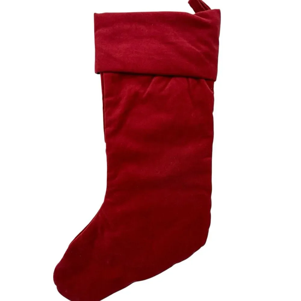 Lot of 2 Pottery Barn Red Velvet Christmas Stocking Embroidered Crewel Snowflake